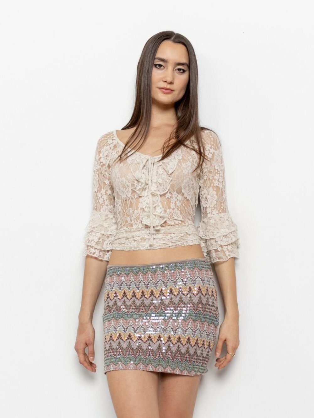 Vintage Y2K Sequin Mini Skirt – Pastel Sparkly Low Rise (Size Small)